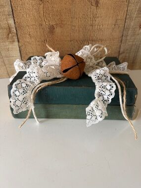 Vintage Green Book Stack Bundle with Lace, Jute and a Large Rusty Bell